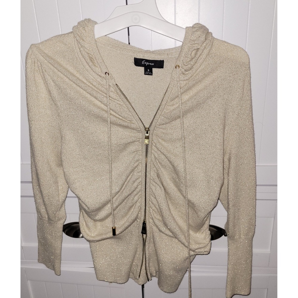 Express‎ Women's  Metallic Knit Hoodie Full Zip Drawstring Ruched Size S Y2K!
